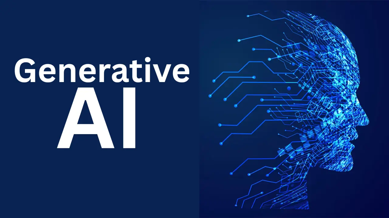 Graphic with 'Generative AI' text and a tech-themed head, representing TechVerdi's Generative AI services and solutions.